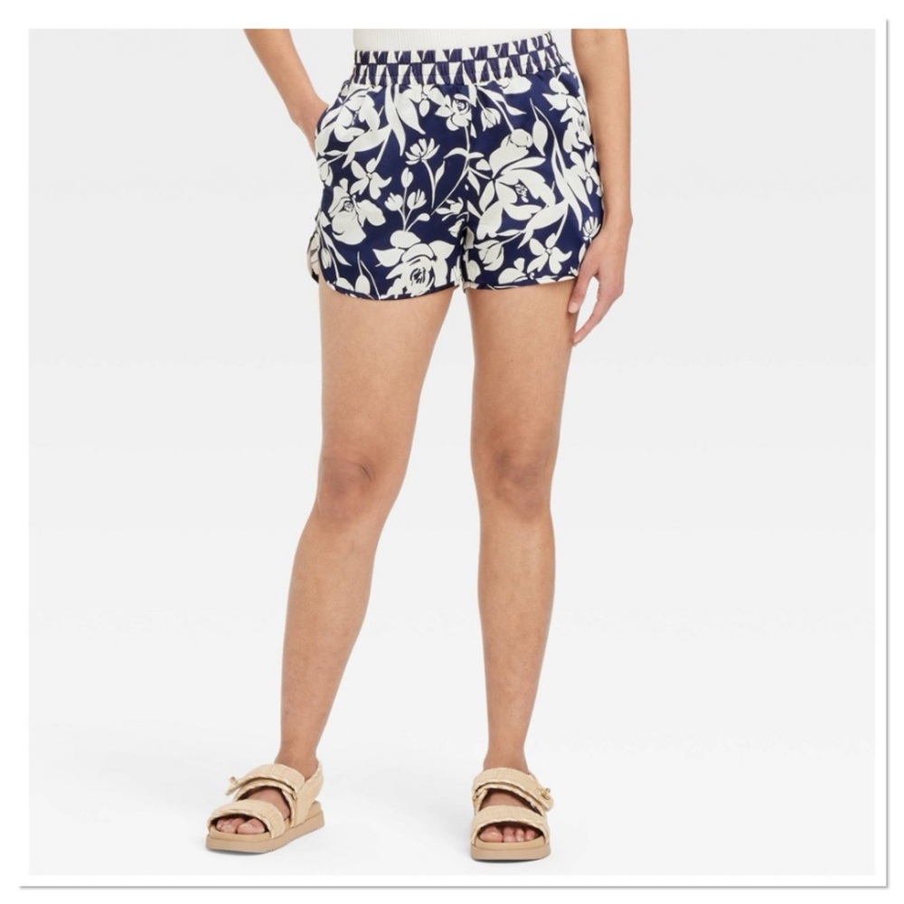 A New Day Navy Blue Satin Floral Shorts
